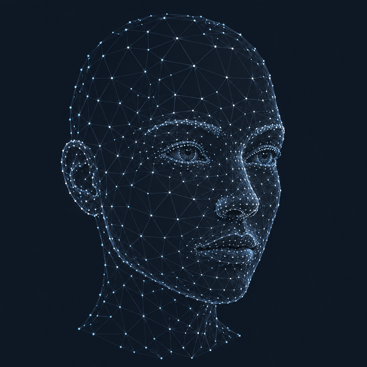 A human face formed from connected silver and blue nodes